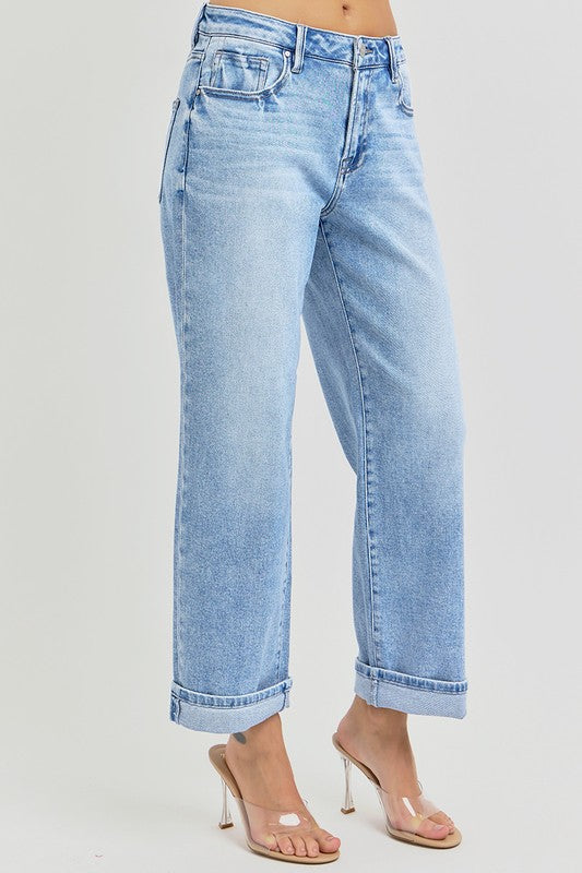 High Rise Ankle Cuffed Jeans- Light