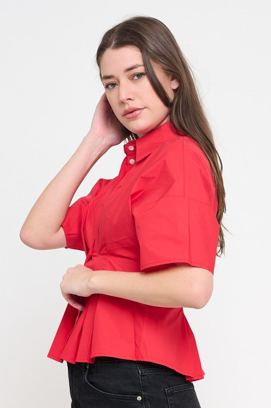 Red Poplin Pin Tucked Shirt