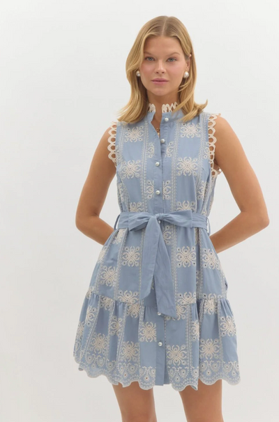 Blue Embroidered Sleeveless Mini Dress