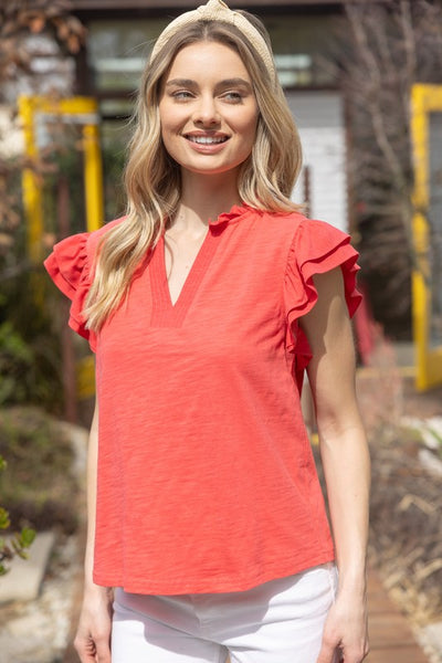Contrast Band Ruffle Sleeve Knit Top