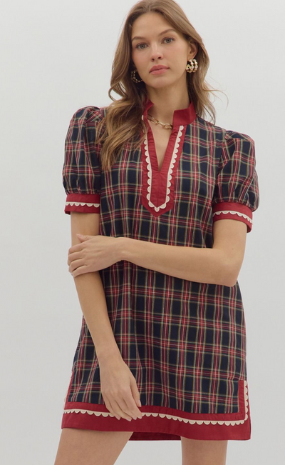 Navy Plaid Puff Sleeve Mini Dress