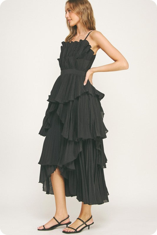 Pleated Layered Ruffle Maxi Dress- Black