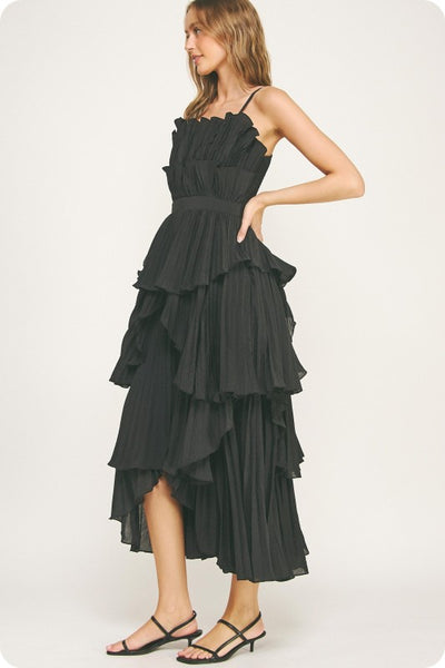 Pleated Layered Ruffle Maxi Dress- Black