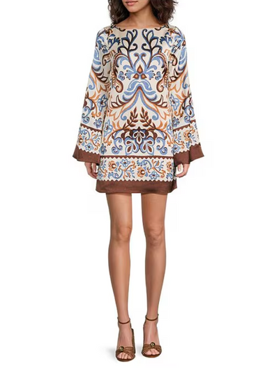 Printed Boat Neck Long Bell Sleeve Mini Dress