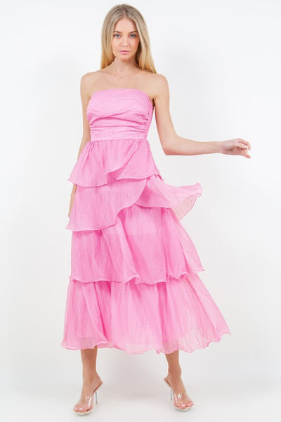 Pink Ruffle Detail Tube Midi Dress