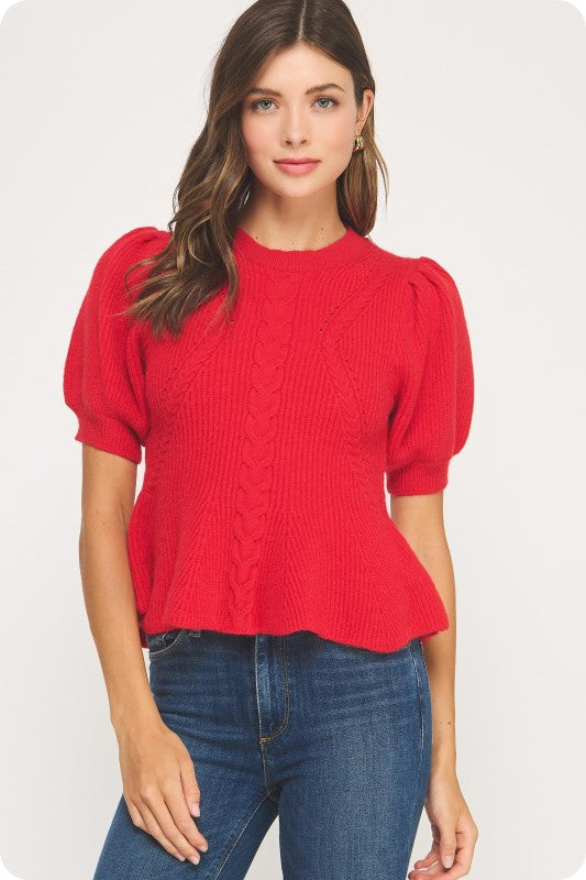 Flared Puff Sleeve Knit Top- Red