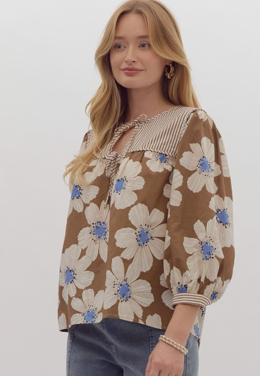 Bold Flower Print Balloon Sleeve Top