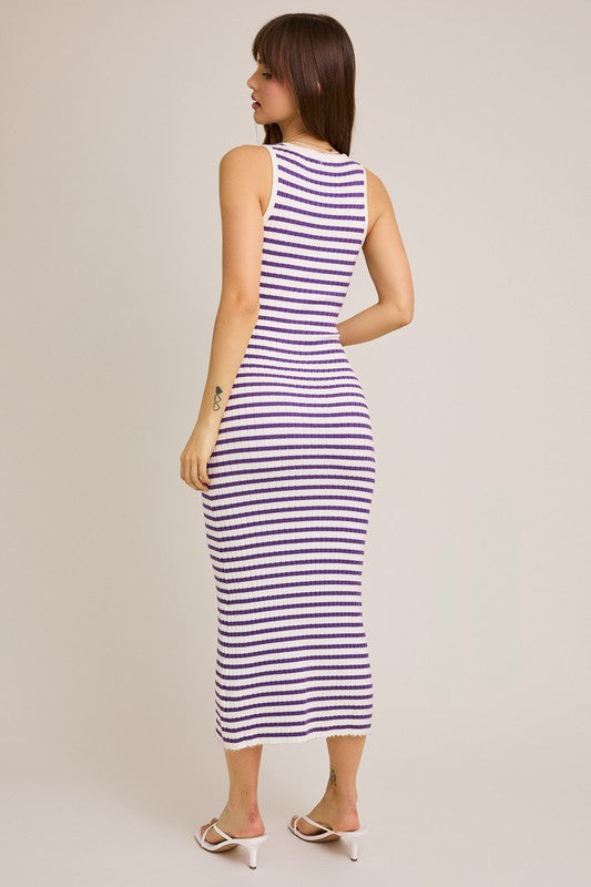 Purple and White Striped Midi Dress