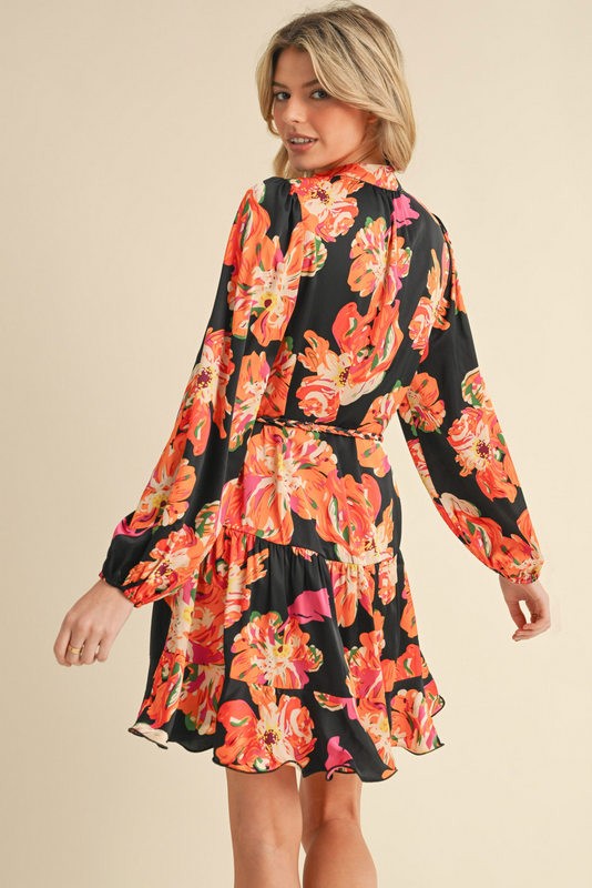 Floral Print Waist Tie Satin Dress