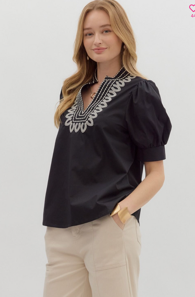 Black Bubble Sleeve Embroidery Detail Top