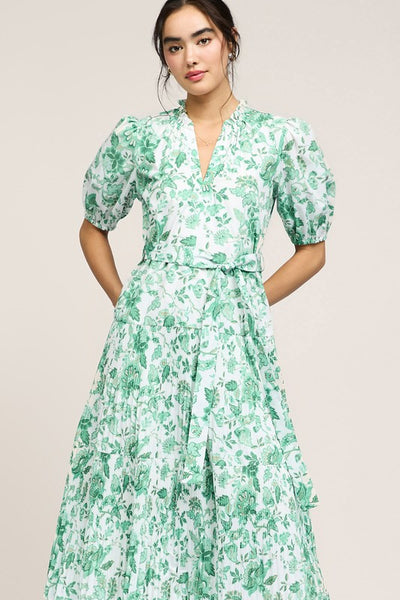 Green Floral Tiered Midi Dress