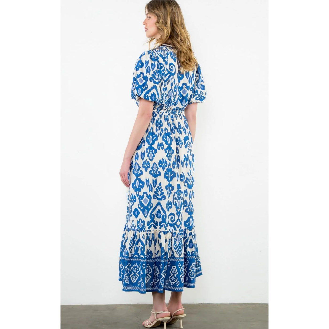 Blue and White Puff Sleeve Maxi Dress