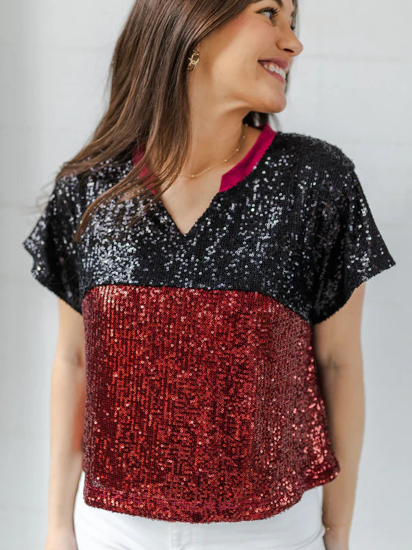 Colorblock Sequin Top- Garnet/Black