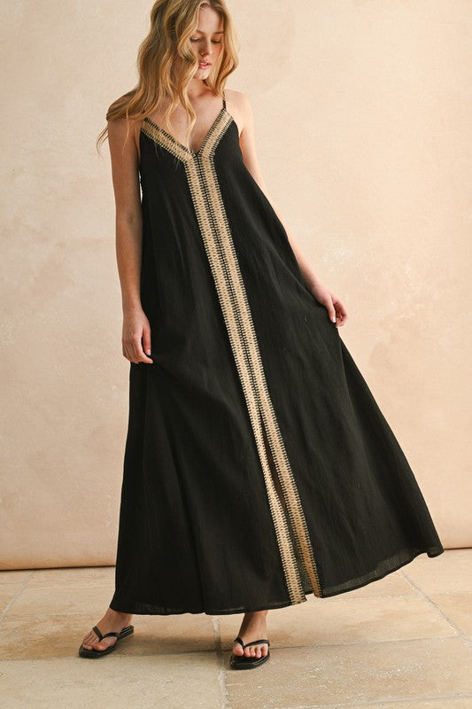 Black Straw Trim Maxi Dress