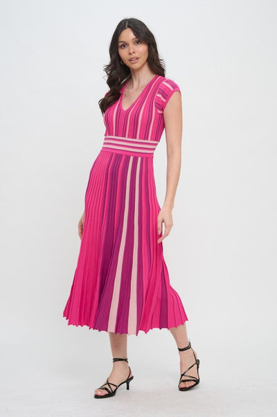 Burgundy and Pink Multi Stripe Knit Midi Dress