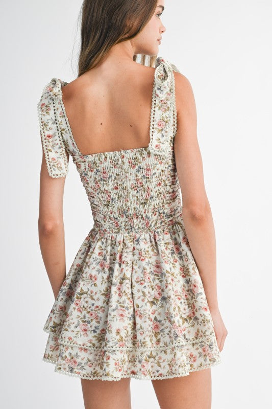 Fall Floral Print Ruched Bodice Mini Dress