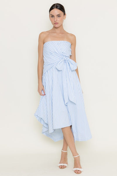Blue Strapless Bow Tie Striped Midi Dress