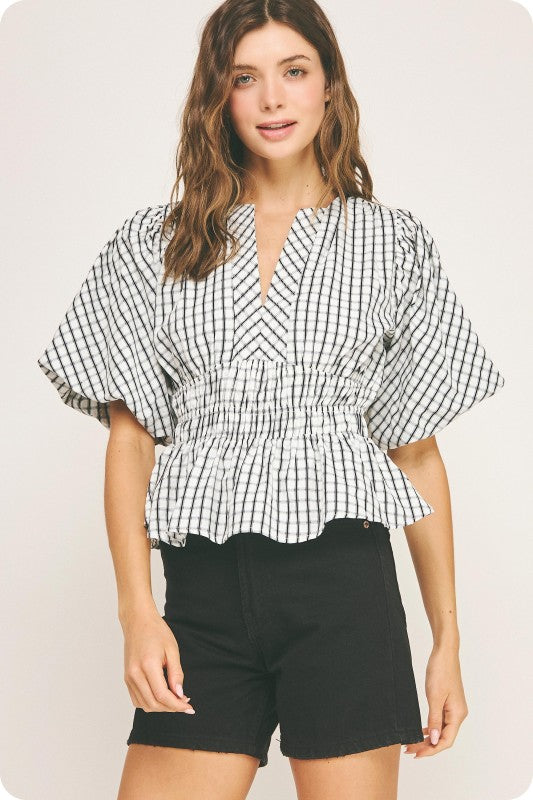 Ivory/Black Checkered Puff Sleeve Top