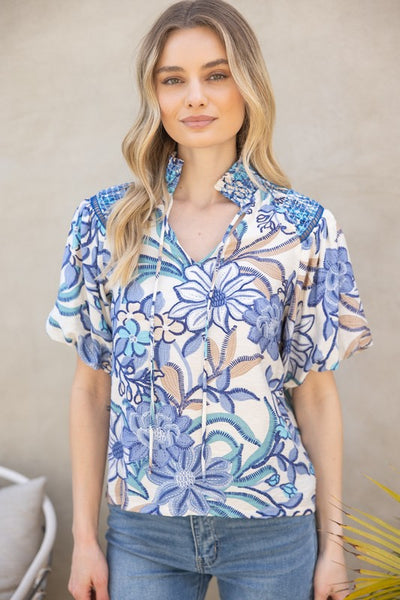 Navy Smocked Neck Lace Detailed Printed Top