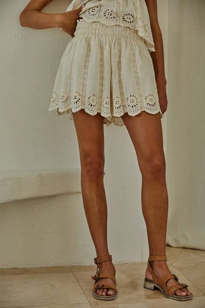 Cream Eyelet Elastic Waist Shorts