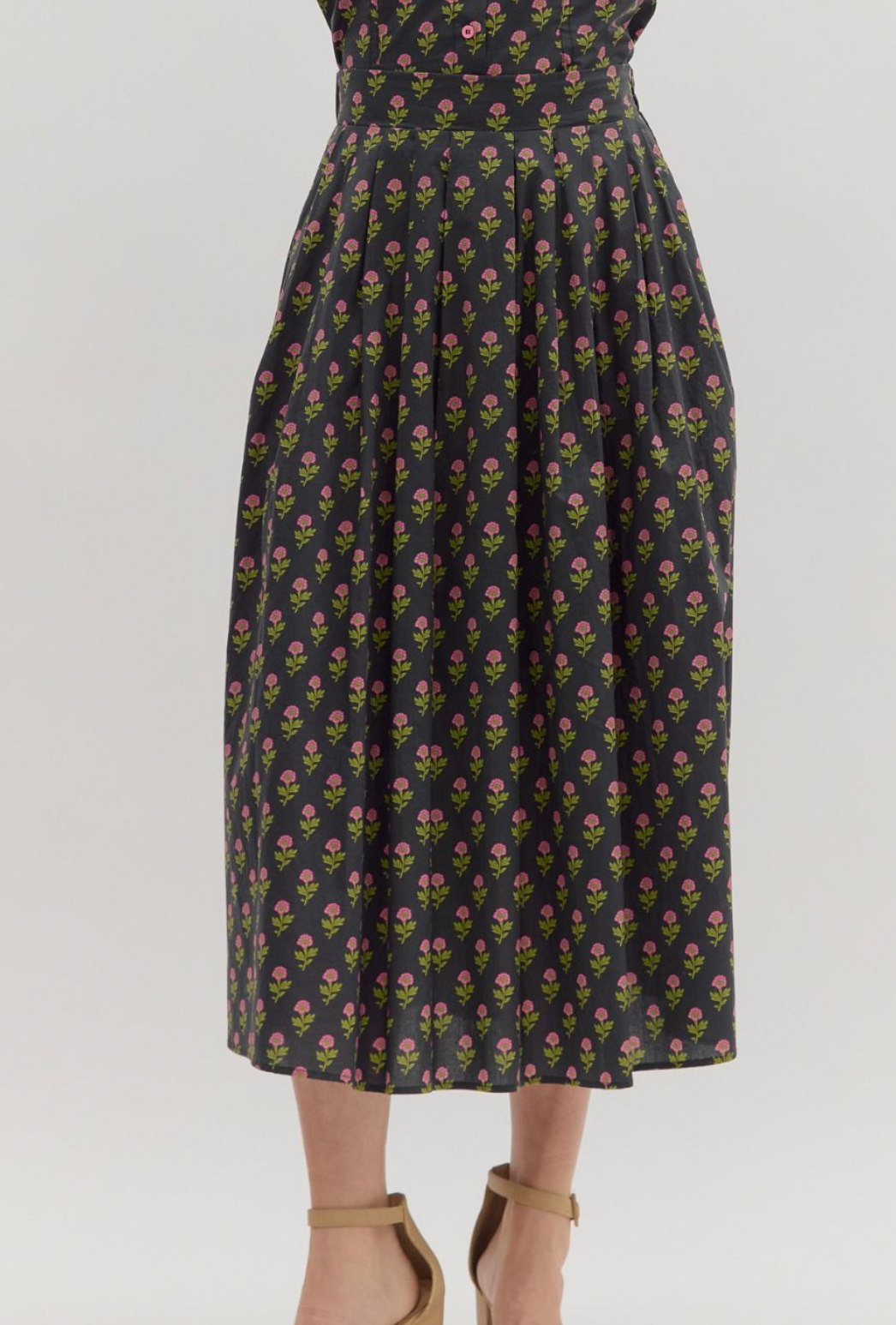 Black Flower Printed Midi Skirt Set