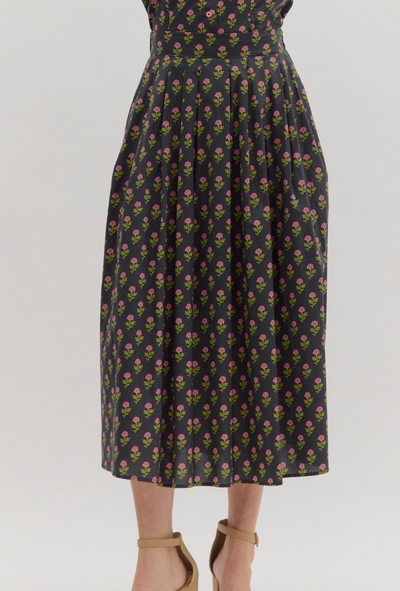 Black Flower Printed Midi Skirt Set