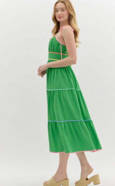 Kelly Green Shoulder Tie Midi Dress