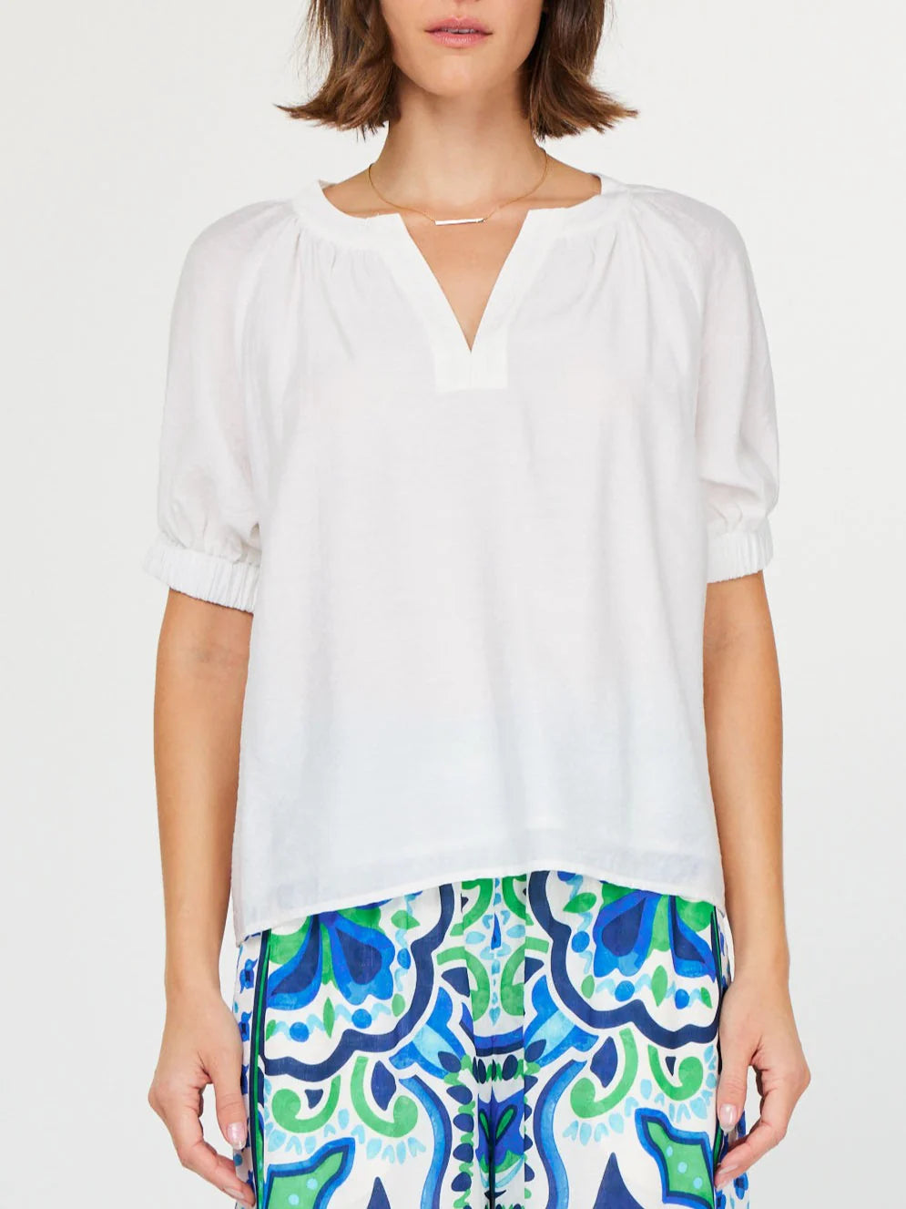 White V-Neck Elastic Cuff Blouse Top