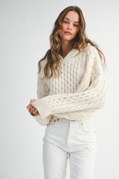 Cropped Cable Knit Hoodie Sweater- Cream