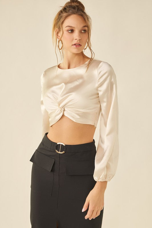 Front Knot Satin Top-Cream
