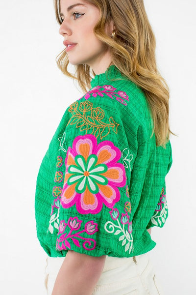 Green Textured Embroidered Sleeve Top