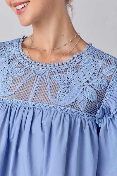 Blue Cropped Lace Detail Flutter Sleeve Top