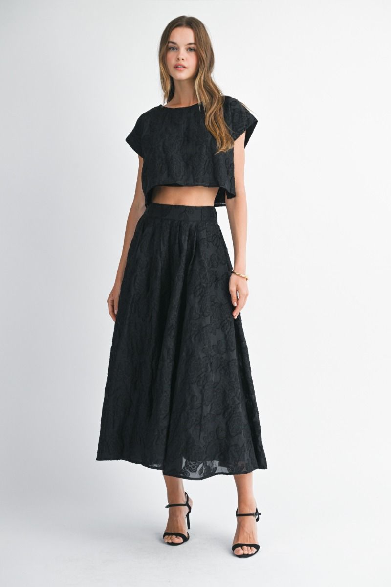 Floral Textured Crop and Skirt Set- Black