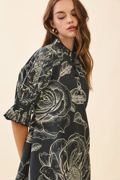 Black Floral Print Ruffle Trim Mini Dress