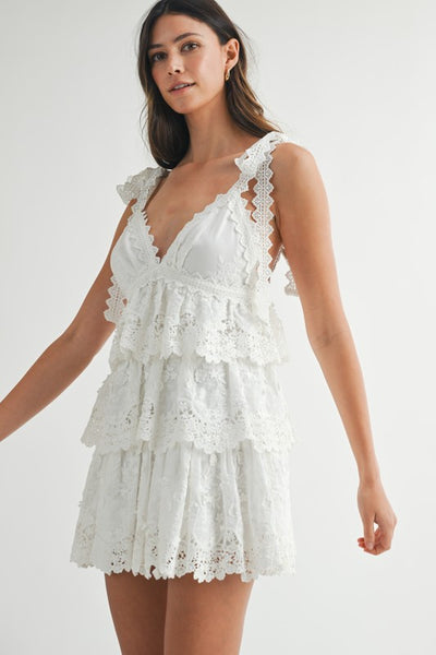 White Crochet Lace Tiered Mini Dress