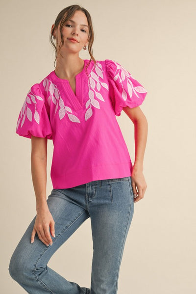 Leaf Embroidered Puff Sleeve Top