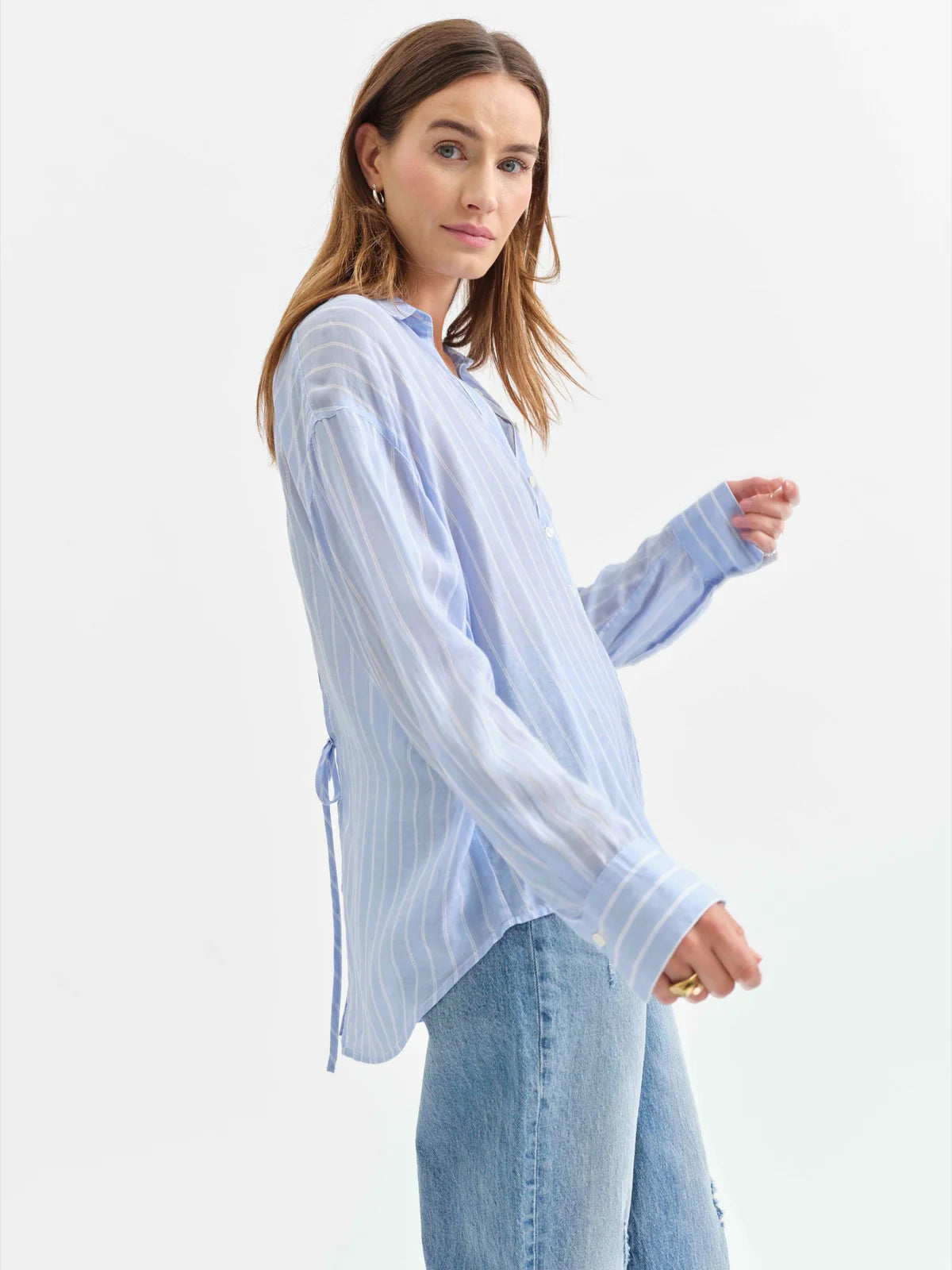 Lotus Back Tie Long Sleeve Shirt- Castle Stripe