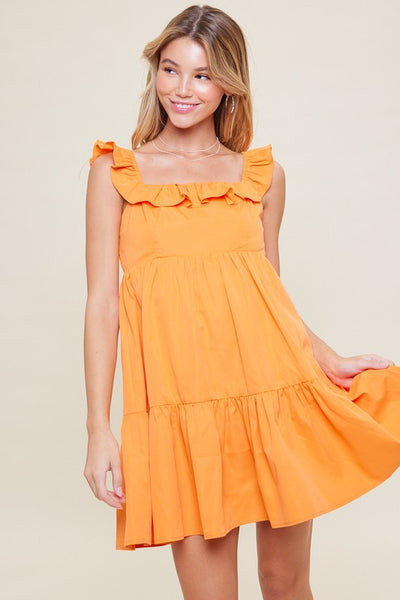 Square Neck Smock Back Ruffle Detail Mini Dress-Bright Orange