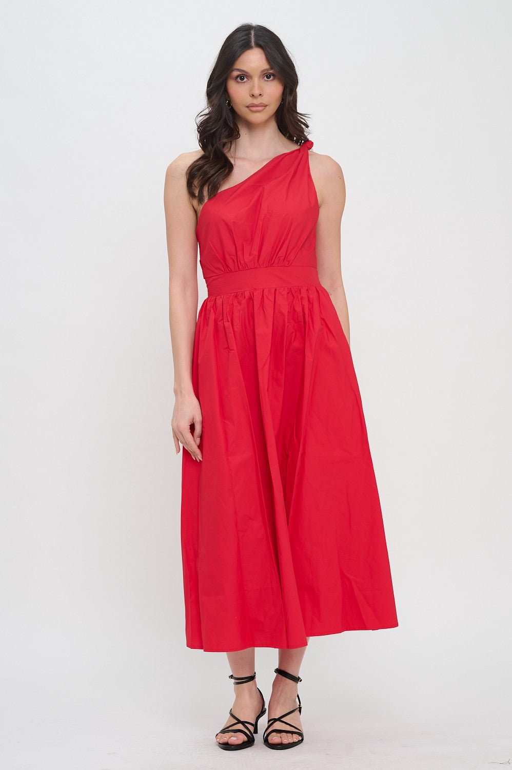 Red Poplin One Shoulder Maxi Dress