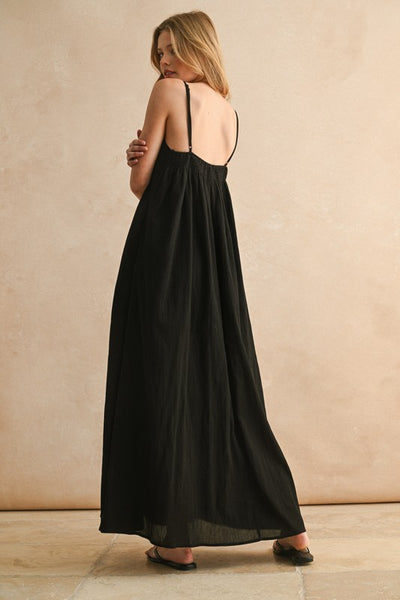 Black Straw Trim Maxi Dress