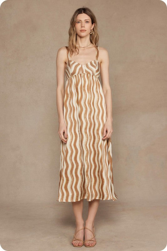 Wavy Striped Satin Midi Dress