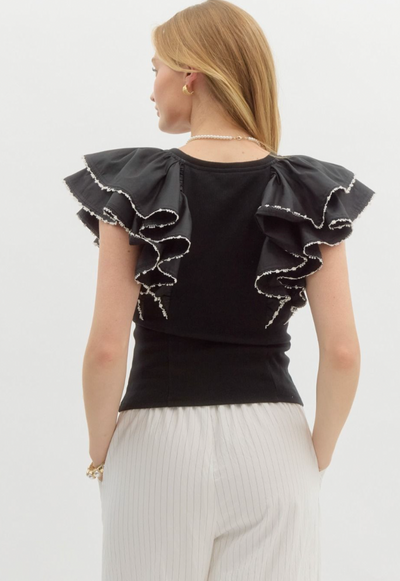 Black Ribbed Ruffle Sleeve Crop Top