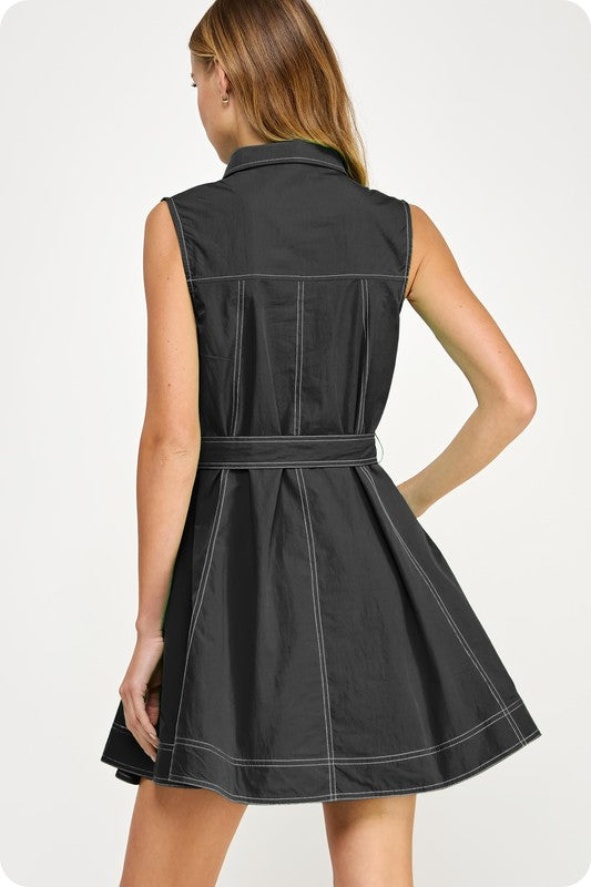 Black Contrast Stitch Shirt Dress