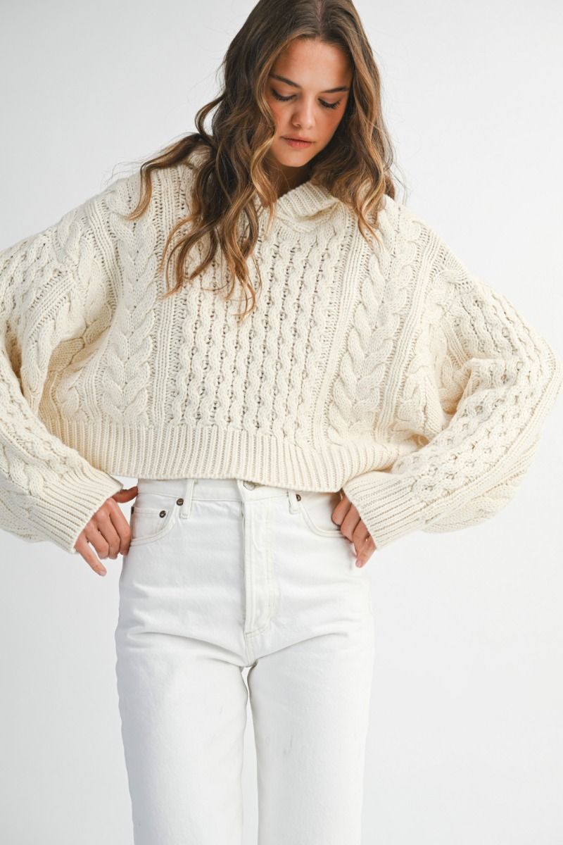 Cropped Cable Knit Hoodie Sweater- Cream