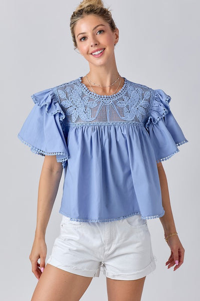 Blue Cropped Lace Detail Flutter Sleeve Top