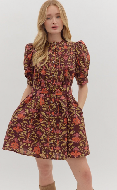 Burgundy Floral Belted Mini Dress