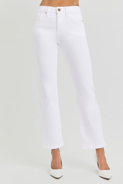 Tummy Control High Rise Crop Straight Jean- White