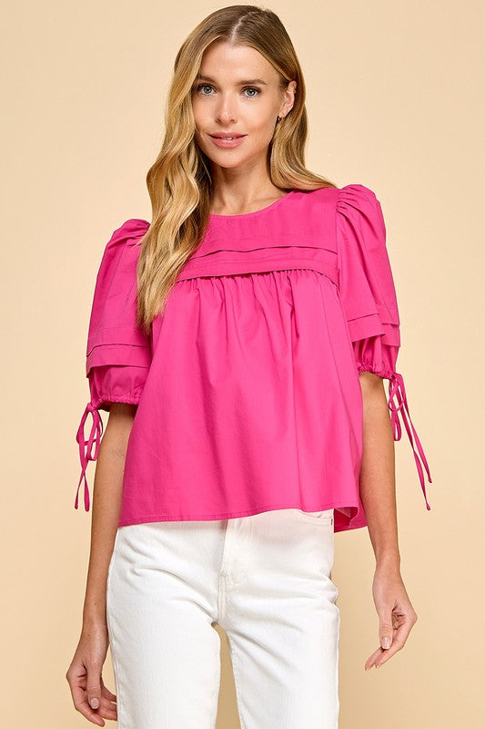 Hot Pink Pleated Detail Puff Sleeve Top