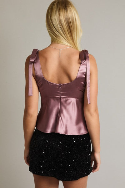 Mauve Sleeveless Bow Shoulder Satin Top