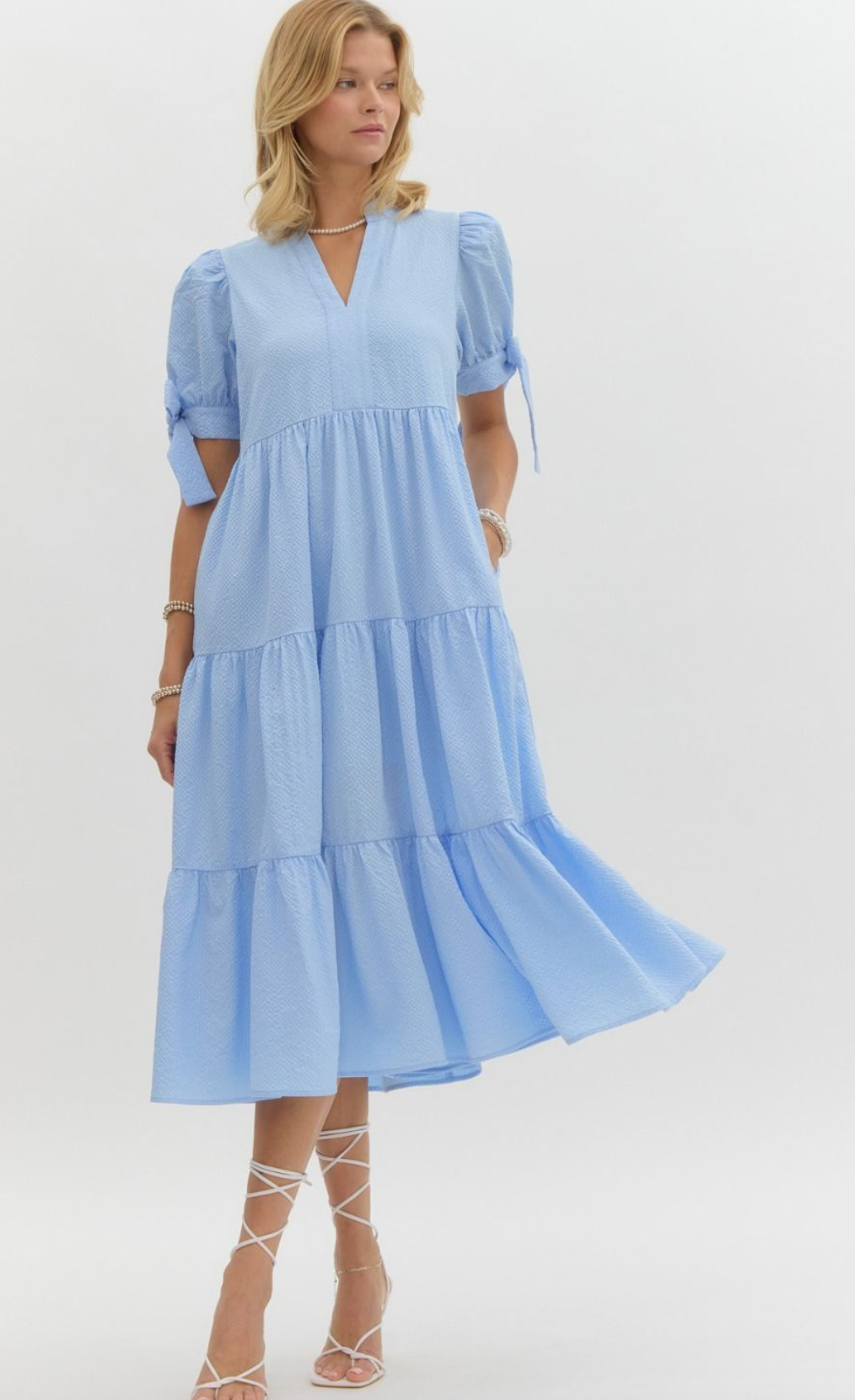 Bow Cuff Sleeve Tiered Midi Dress